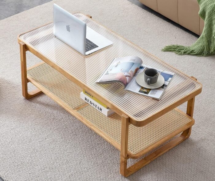 LKTART Modern Imitation Rattan Coffee Table Rectangular 2-Tier Solid Wood Glass Table