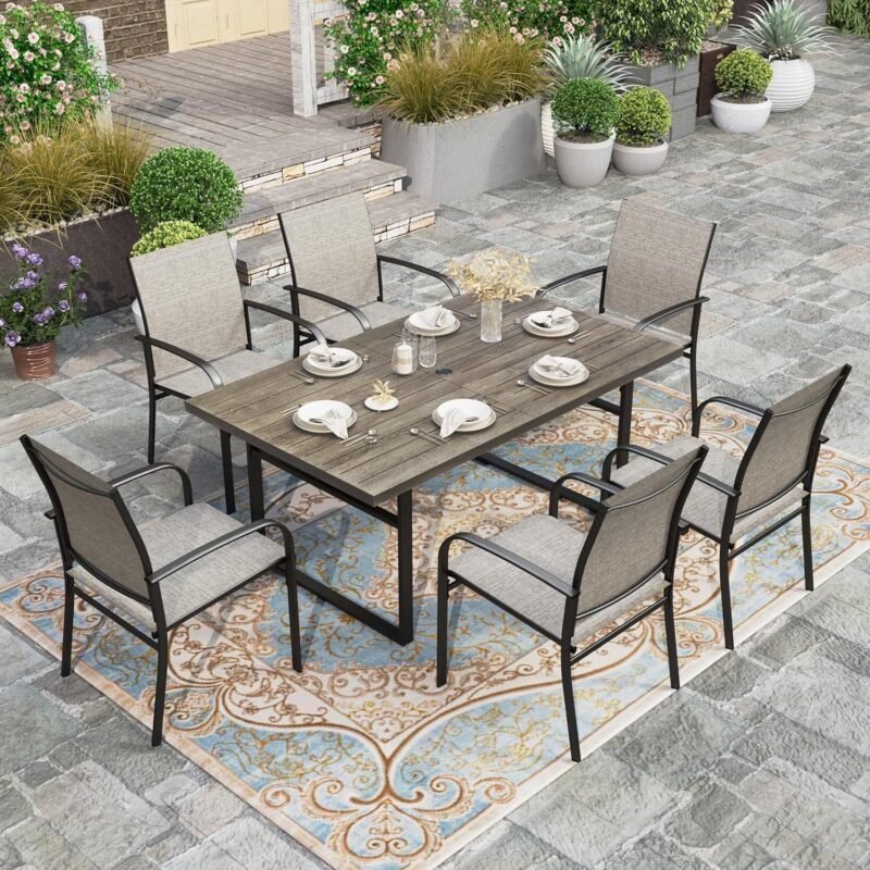 Dining Set, Patio Table and Chairs for 6, 64" Rectangular Faux Woodgrain Metal Table with Chairs