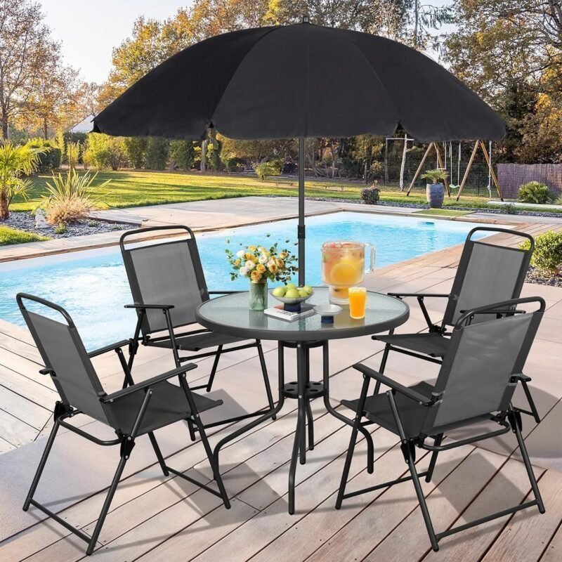 6 Piece Folding Patio Dining Set,Small Metal Outdoor Garden Patio Table and Chair Set w/Umbrella for Lawn,Deck,Backyard