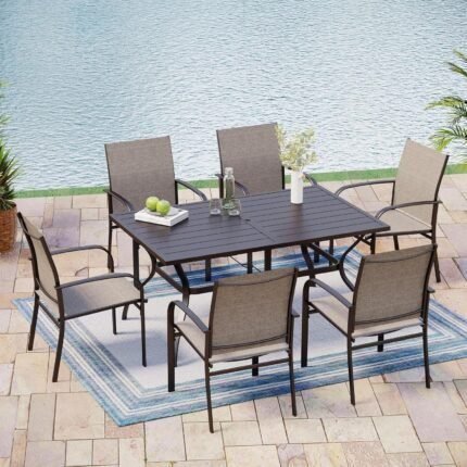 Dining Set 7 Piece Outdoor Furniture Set with 6 Brown Textilene Chairs and Metal Rectangular Table for Deck Garden Backyard Lawn Poolside  Patio