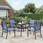 5 Pieces Patio Dining Set, Outdoor Table and Chairs Set for 4, 4 x Blue Textilene Dining Chair, 37" Square Metal Dining Table