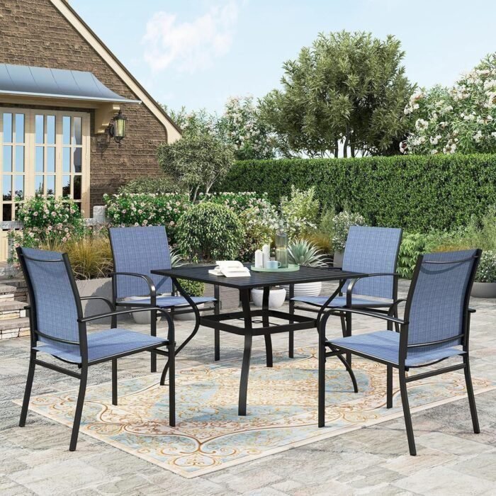 5 Pieces Patio Dining Set, Outdoor Table and Chairs Set for 4, 4 x Blue Textilene Dining Chair, 37" Square Metal Dining Table