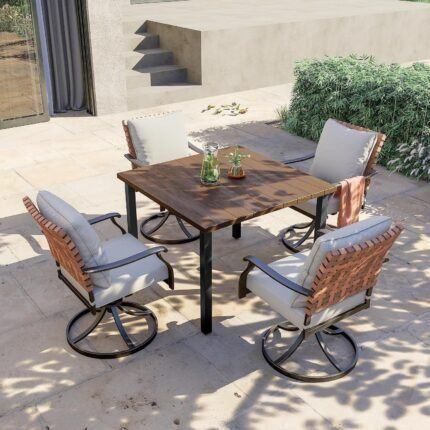 5-Piece Outdoor Dining Set, 4 Leather-look Wicker Swivel Patio Chairs & 1 Square Woodgrain Dining Table