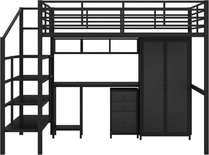 Metal Loft Bed Full Size with Storage Stair and Table, Stairway LoftBed