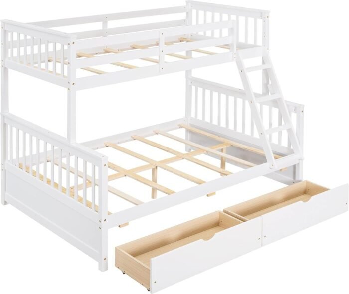 Twin Over Full Bunk Bed with Two Storage Drawers and Rails, Convertible to 2 Separated Platform Beds