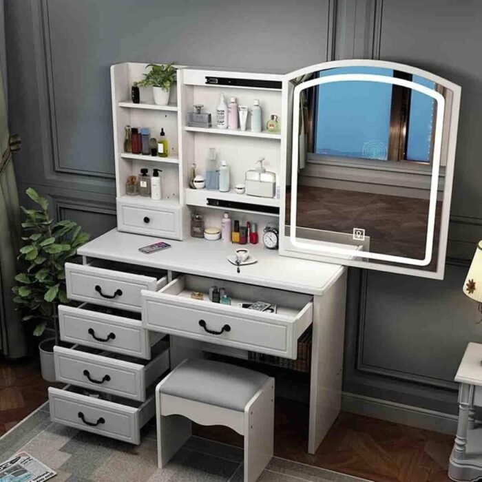 Vanity Set Makeup Vanity Dressing Table with Sliding Lighted Mirror, Makeup Vanity Dressing Table with Cushioned Stool