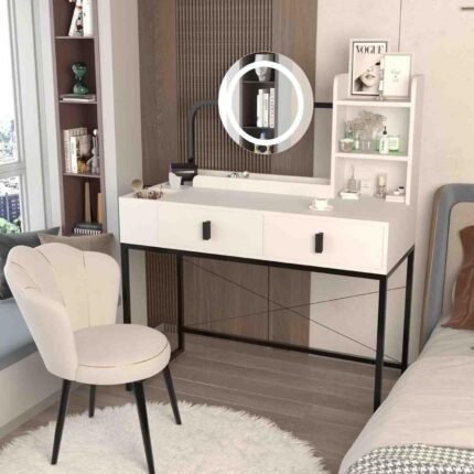 Makeup Vanity Desk with Mirror and Lights, Cute Vanity Makeup Table, Vanity Table for Bedroom with Lots Storage