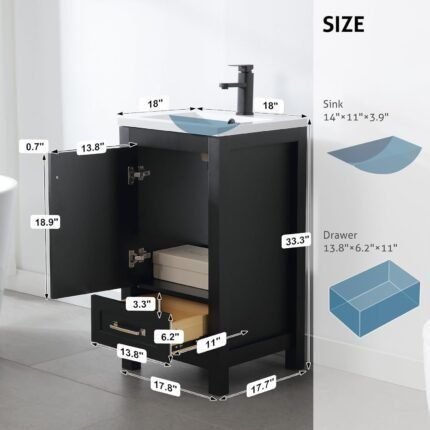 18" Bathroom Vanities Cabinet with Sink Combo Set, Undermount Ceramic Sink w/Thickened Wood