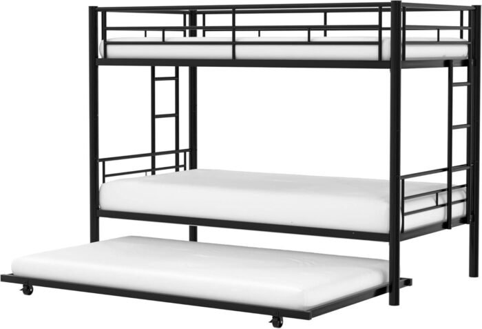 Twin Over Twin Bunk Bed with Trundle, Metal Bunkbeds with Ladder and Full-Length Guardrail