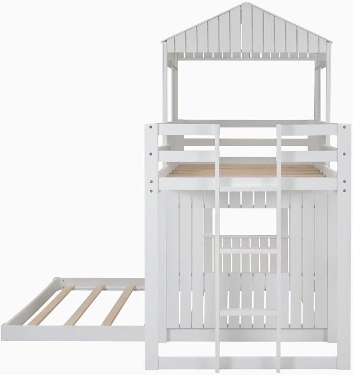Loft Bed with Playhouse, Wooden Twin Over Full Bunk Bed with Ladder