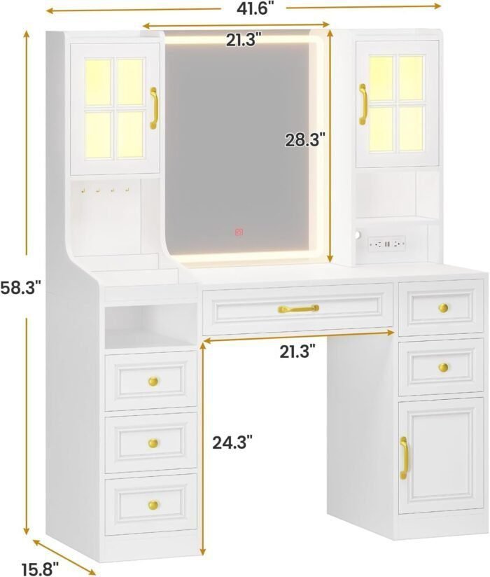 White Vanity Desk with Touch Screen Mirror and Lights, Large Makeup Vanity with RGB Light Cabinets