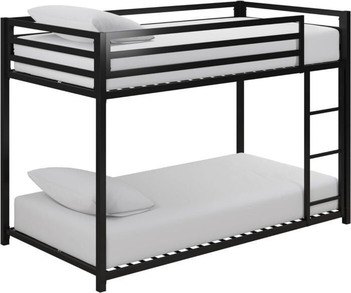 Metal Bunk Bed Frame for Kids, With Built-in Ladder, High Guardrail and Metal Slats, Floor Bed Bottom Bunk