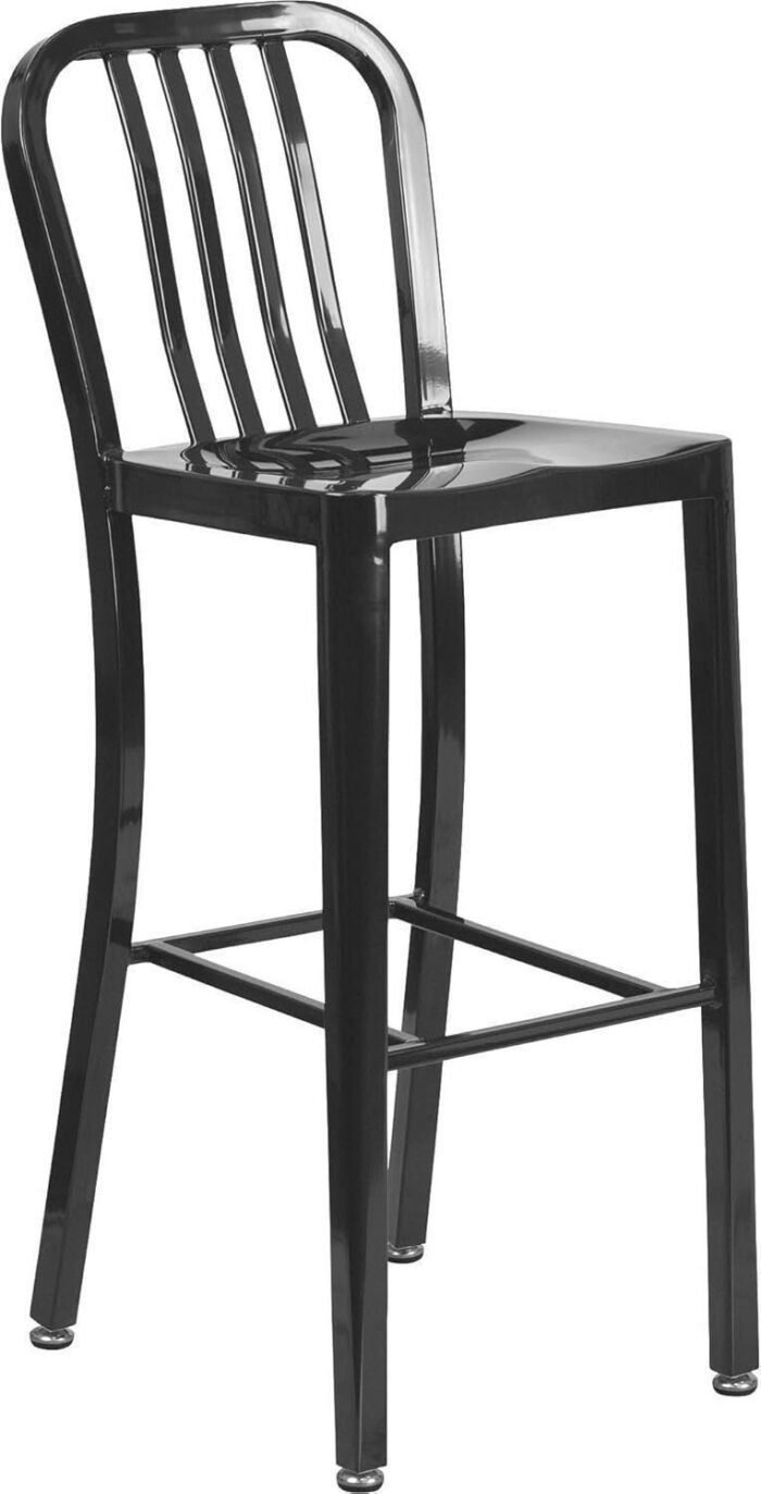 Round Black Metal Indoor-Outdoor Bar Table Set with 2 Vertical Slat Back Stools