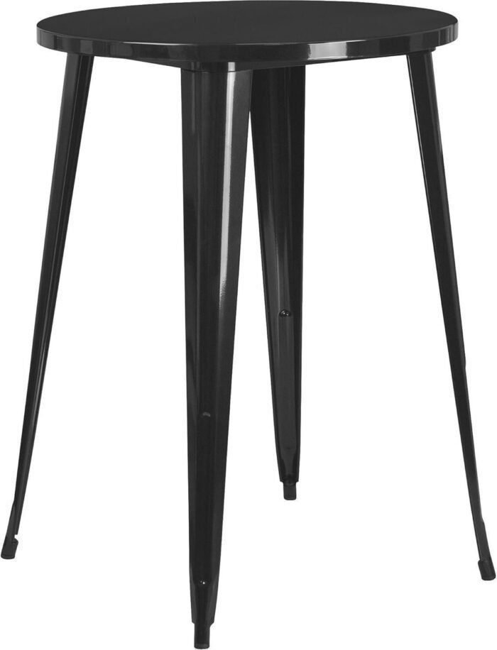 Round Black Metal Indoor-Outdoor Bar Table Set with 2 Vertical Slat Back Stools