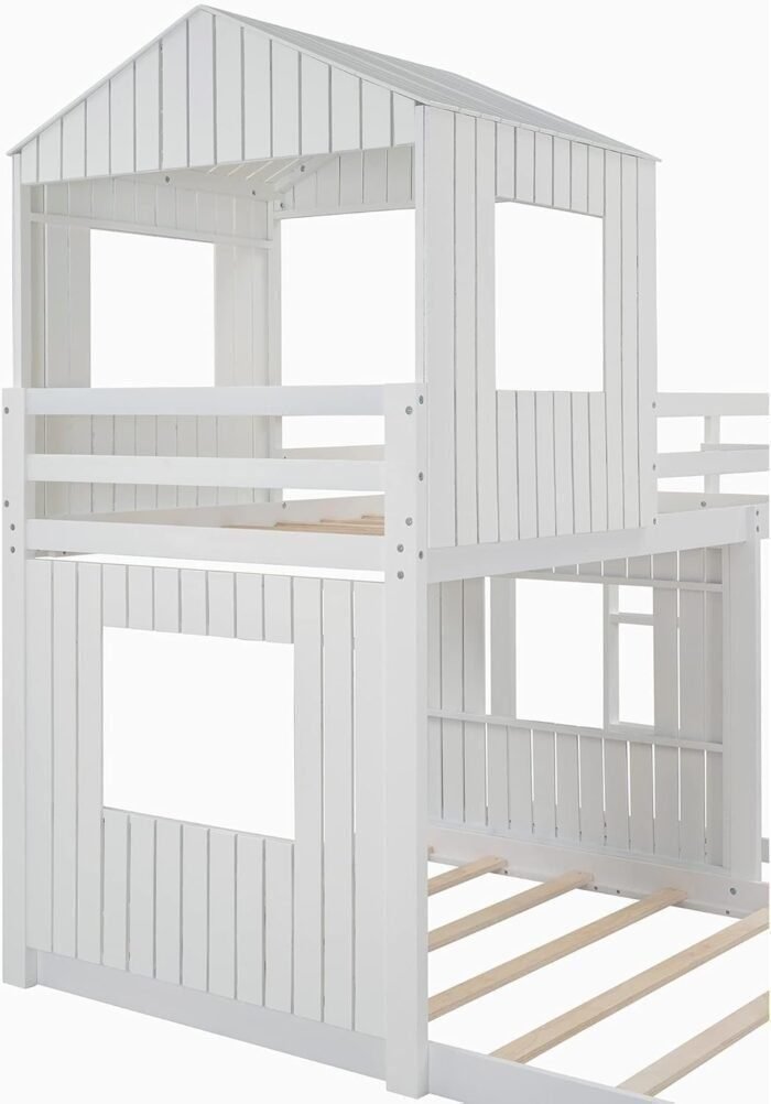 Loft Bed with Playhouse, Wooden Twin Over Full Bunk Bed with Ladder