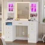 White Vanity Desk with Touch Screen Mirror and Lights, Large Makeup Vanity with RGB Light Cabinets