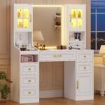 White Vanity Desk with Touch Screen Mirror and Lights, Large Makeup Vanity with RGB Light Cabinets