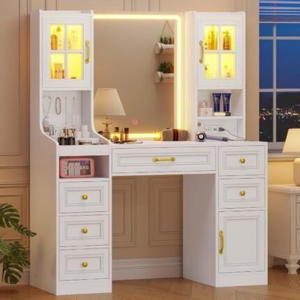 White Vanity Desk with Touch Screen Mirror and Lights, Large Makeup Vanity with RGB Light Cabinets