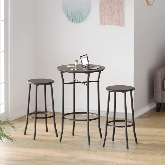 3-Piece Bar Table and Chairs Set - Chic Modern Round Pub Dining Set, Round Bistro Pub Furniture and Chairs for Kitchen