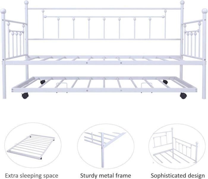 Twin Size Metal Frame Daybed with Pullout Trundle,Heavy Duty Steel Slat Support Sofa Bed for Guest