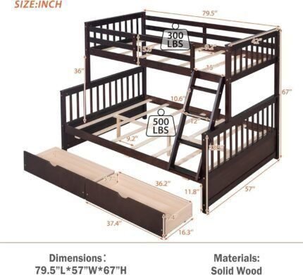 Wood Bunk Bed with Drawers,Convertible Wood Bunk Bed with Ladders and Two Storage Drawers