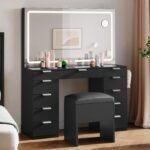 46'' Makeup Vanity Set with LED Mirror & Power Outlets, 11-Drawer Vanity Desk with Magnifying Glass