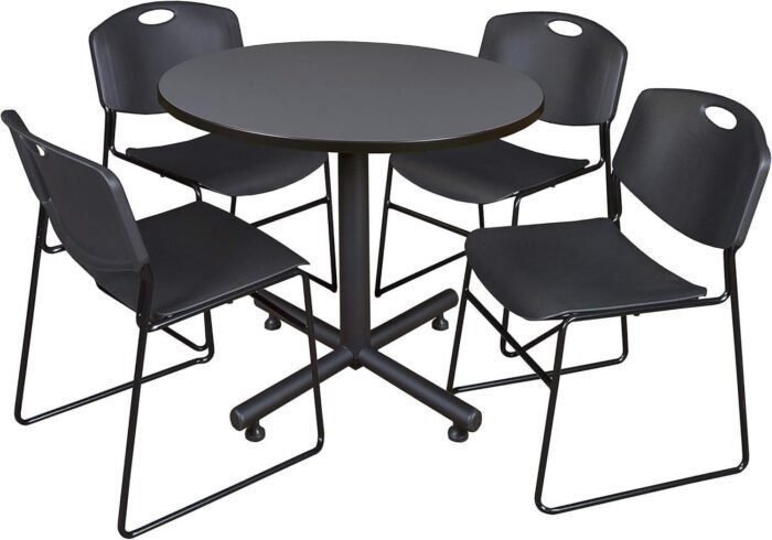 42-Inch Round Breakroom Table, Grey, and 4 Zeng Stack Chairs