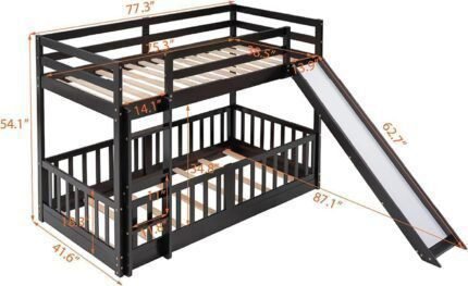 Over Twin Floor Bunk Bed with Slide and Ladder, Low Bunk Bed for Kids, Bunk Bed with Slide