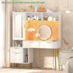 Makeup Vanity with Hutch, White Bedroom Vanity with Charging Station and LED, Tall Vanity Table with Pegboard