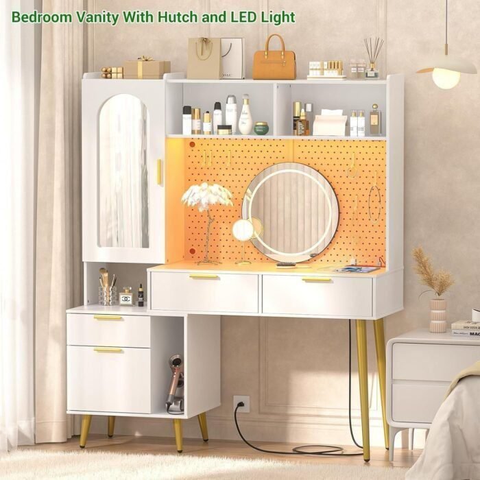 Makeup Vanity with Hutch, White Bedroom Vanity with Charging Station and LED, Tall Vanity Table with Pegboard