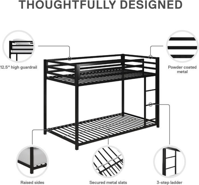 Metal Bunk Bed Frame for Kids, With Built-in Ladder, High Guardrail and Metal Slats, Floor Bed Bottom Bunk