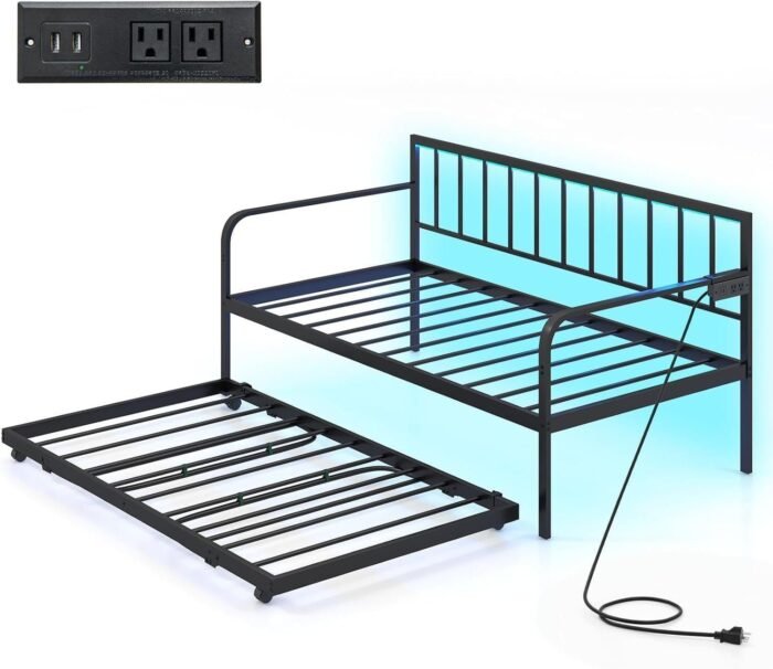 Twin Daybed with Trundle, Metal Day Bed with Charging Station LED Lights, Sofa Bed Frame with Pop up Trundle