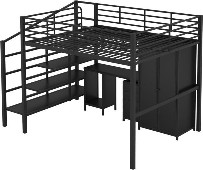 Metal Loft Bed Full Size with Storage Stair and Table, Stairway LoftBed