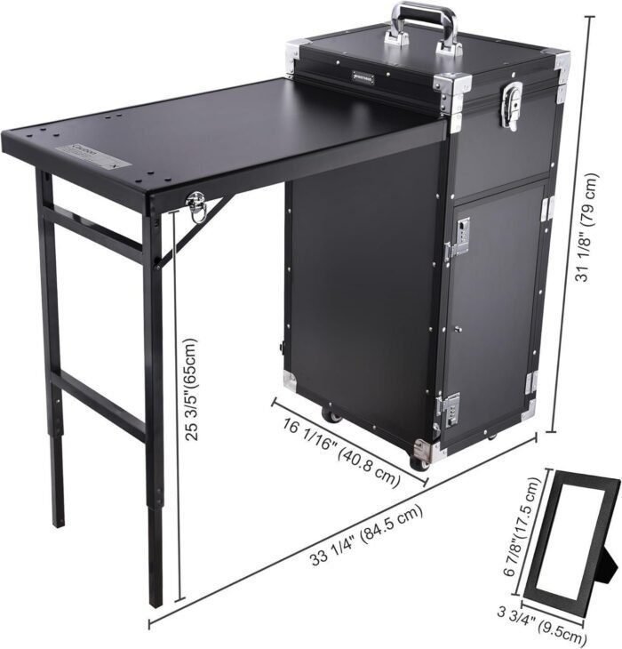 Rolling Manicure Table Foldable Nail Table Makeup Train Case with Desk Cosmetic Trolley Travel Storage Organize