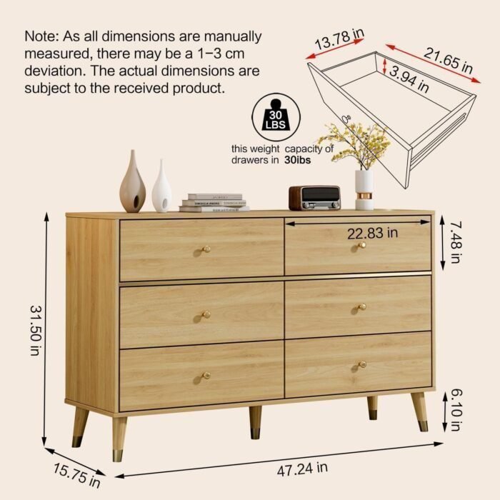 6 Drawer Dresser with 4 Foldable Drawer Dividers,47"Wide Mid Century Modern Chest of Drawers