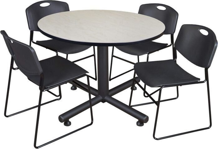 48-Inch Round Breakroom Table, Maple, and 4 Zeng Stack Chairs, Black