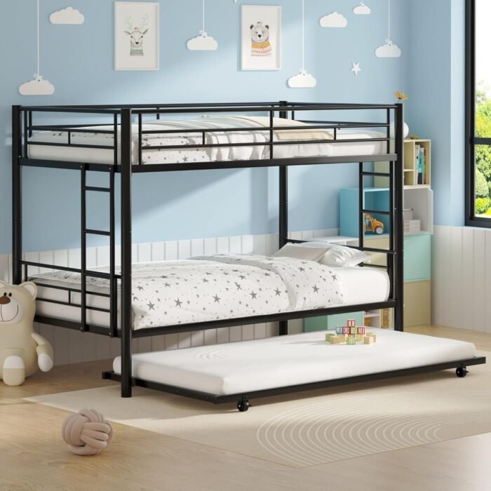 Twin Over Twin Bunk Bed with Trundle, Metal Bunkbeds with Ladder and Full-Length Guardrail