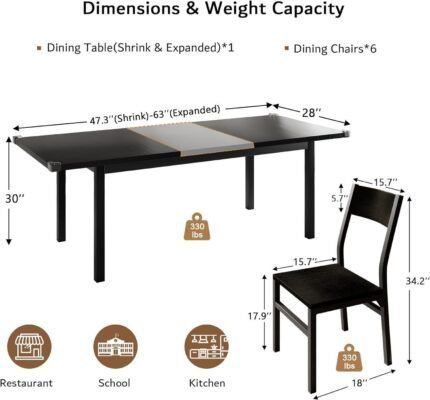 7-Piece Dining Table & Chairs Set for 4-6, 63" Extendable Kitchen Table with 6 Chairs