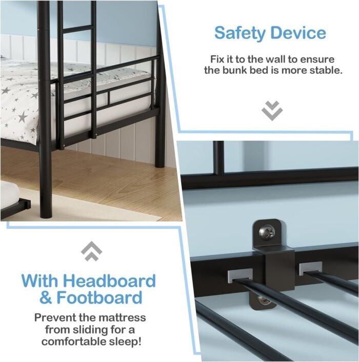 Twin Over Twin Bunk Bed with Trundle, Metal Bunkbeds with Ladder and Full-Length Guardrail