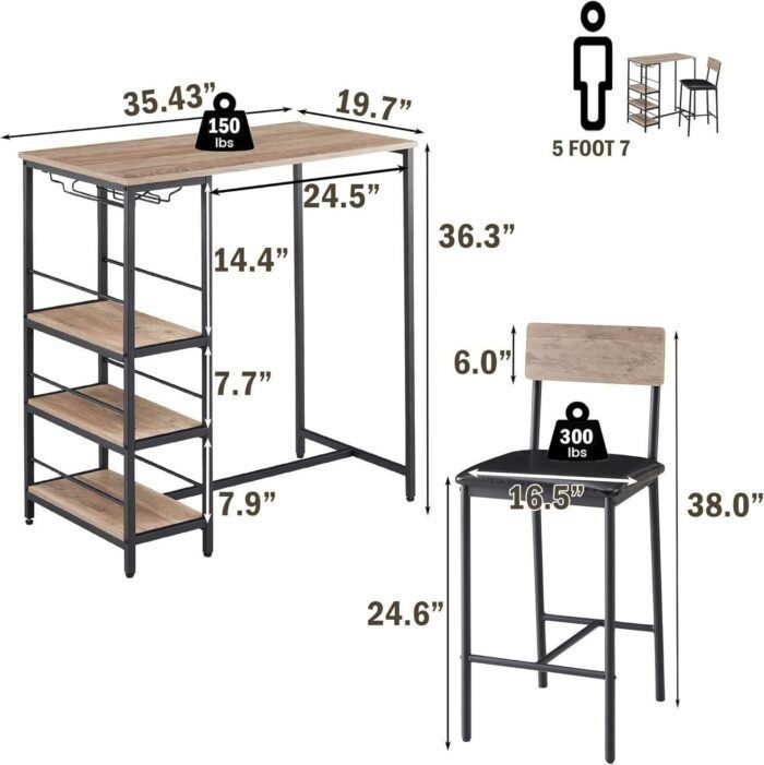 3-Piece Bar Table Set for 2 with 3 Storage Shelves & Glass Holder, Kitchen Bar Height Table and Chairs