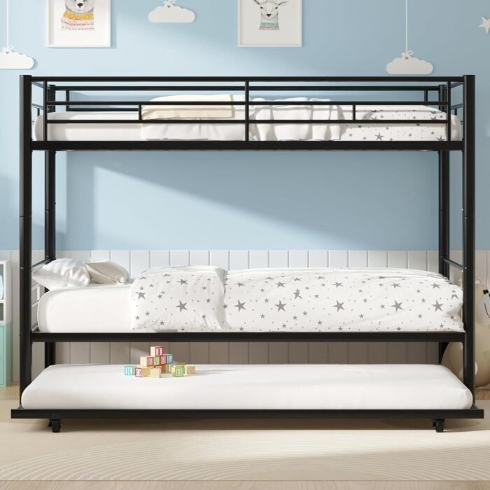 Twin Over Twin Bunk Bed with Trundle, Metal Bunkbeds with Ladder and Full-Length Guardrail