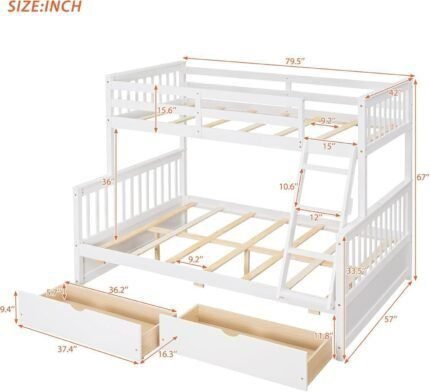 Twin Over Full Bunk Bed with Two Storage Drawers and Rails, Convertible to 2 Separated Platform Beds