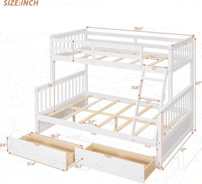 Twin Over Full Bunk Bed with Two Storage Drawers and Rails, Convertible to 2 Separated Platform Beds