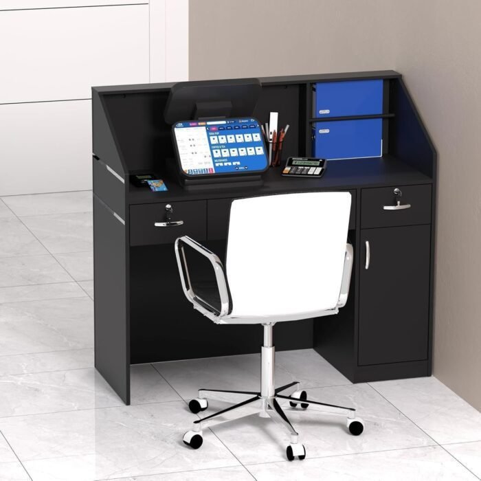 Reception Desk with Counter, Modern Front Table Equipped Lockers & Storage Shelves