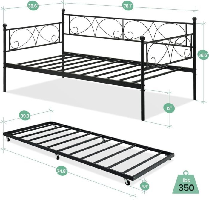 Metal Daybed Frame with Trundle Heavy Duty Metal Slats/Mattress Foundation Platform Sofa Bed with Headboard for Bedroom