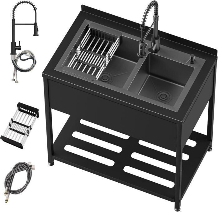 Stainless Steel Utility Sink,36.6" × 22.2" × 38.9" with Cold and Hot Water Faucet