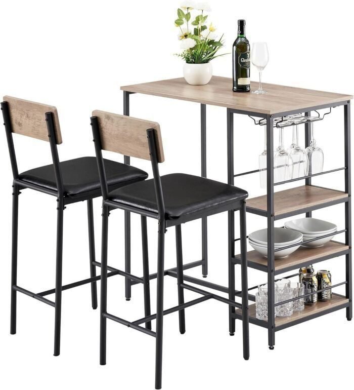 3-Piece Bar Table Set for 2 with 3 Storage Shelves & Glass Holder, Kitchen Bar Height Table and Chairs