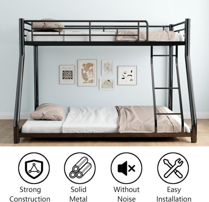 Metal Twin Over Full Bunk Bed, Heavy Duty Bunk Beds with Safety Guardrail and Ladder