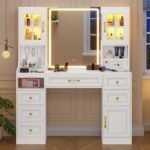 White Vanity Desk with Touch Screen Mirror and Lights, Large Makeup Vanity with RGB Light Cabinets