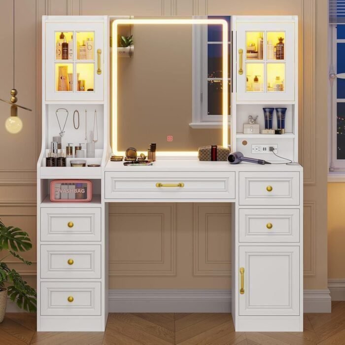 White Vanity Desk with Touch Screen Mirror and Lights, Large Makeup Vanity with RGB Light Cabinets